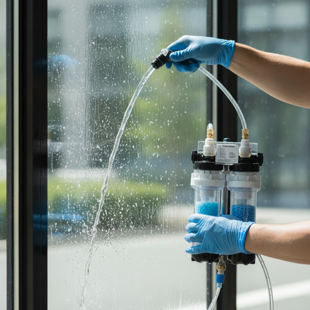technician's hands doing RO DI water cleaning (window cleaning)